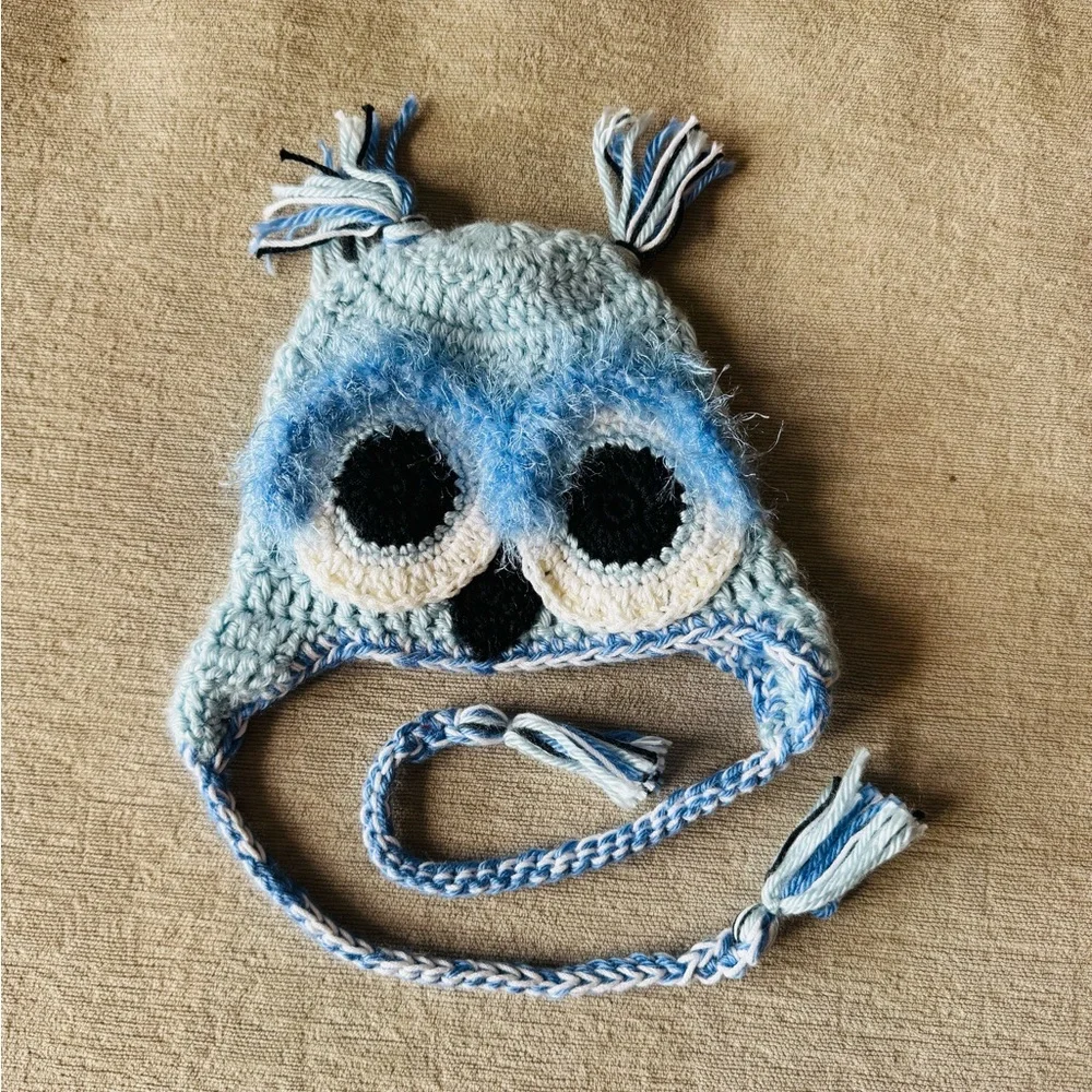 Handmade Crochet Owl Baby Hat 3–6 Months Blue Tassel Earflap